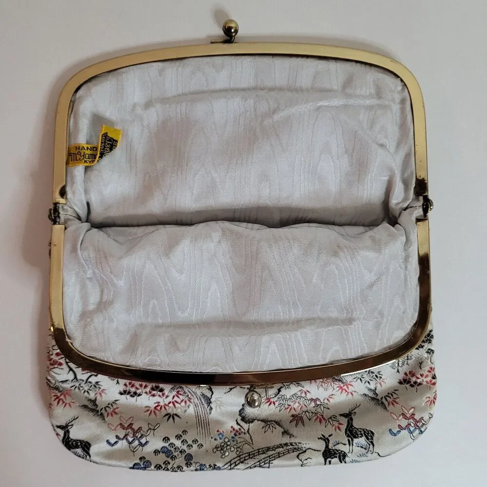 Vintage M Yamamoto & Co. Clutch Satin Brocade Kiss Lock Purse Japan Floral Kyoto